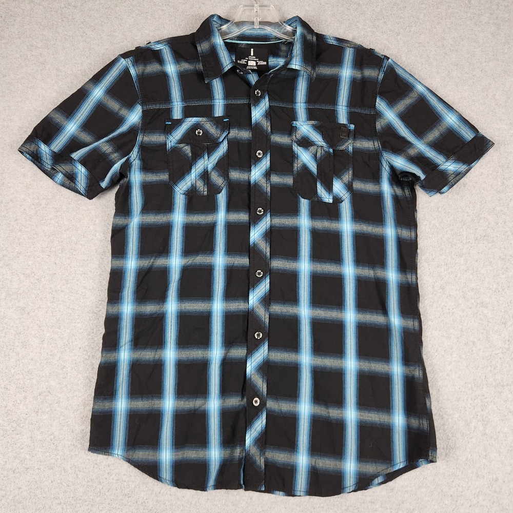 Buffalo Jeans Shirt Mens Medium Blue Black Plaid Epaulets Short Sleeve Button Up